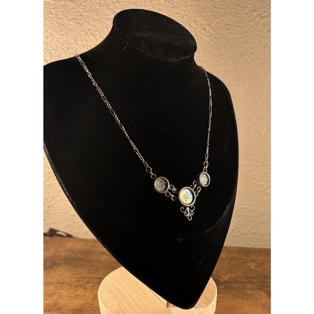 Vintage Sterling Silver Druzy Necklace Green Glitter Cabochon Statement